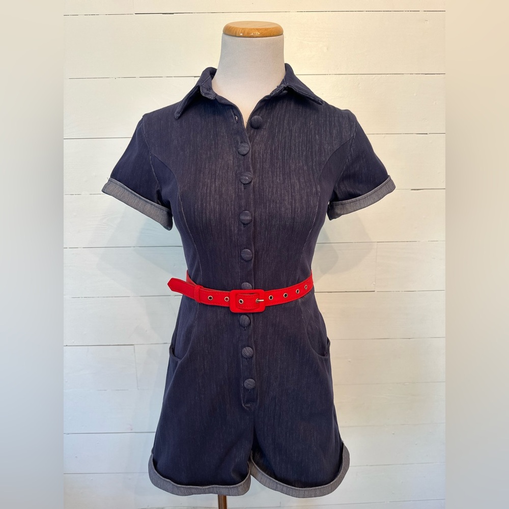 Unique Vintage Navy Stretchy Denim Romper with Belt